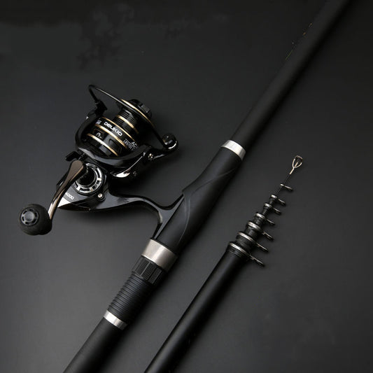 Fishing rod and reel set on a dark background