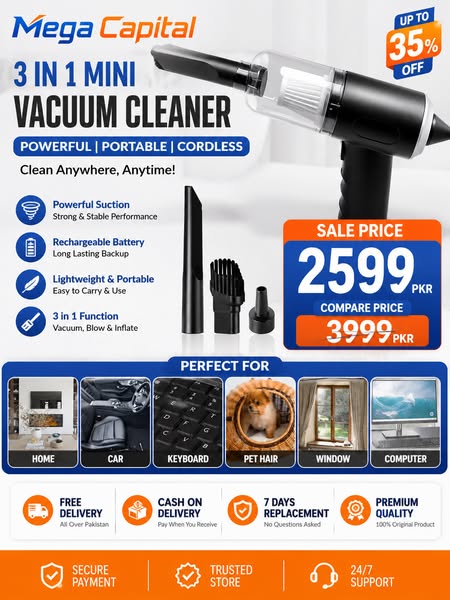 3-in-1 Portable Wireless Vacuum Cleaner AS 228 – Handheld, Powerful Suction for Car, Home, Office & Everyday Quick Cleaning