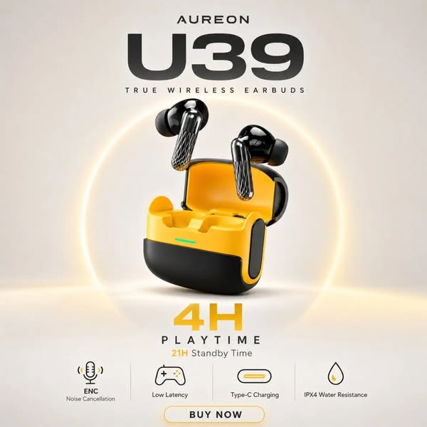 U39 Wireless Bluetooth Earbuds with Charging Case – Hi-Fi Stereo Sound & HD Calling Earphones