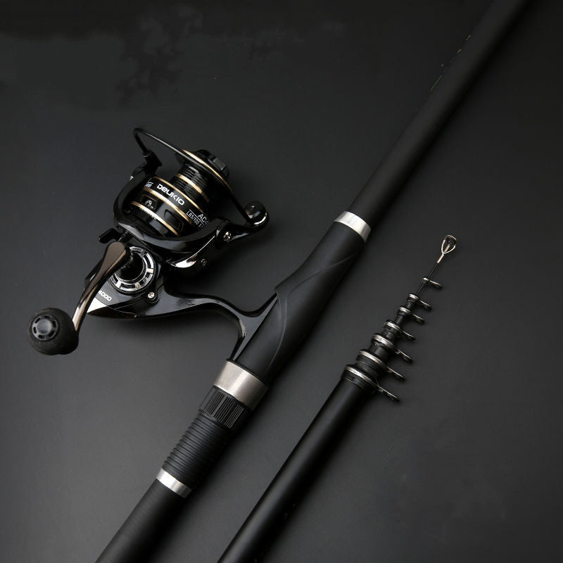 Fishing rod and reel set on a dark background