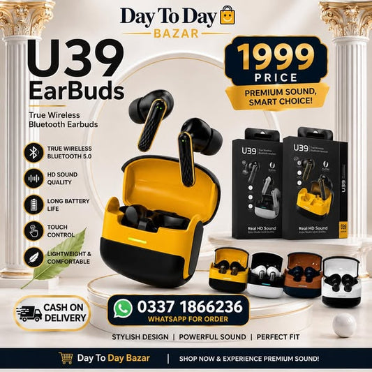 U39 Wireless Bluetooth Earbuds with Charging Case – Hi-Fi Stereo Sound & HD Calling Earphones