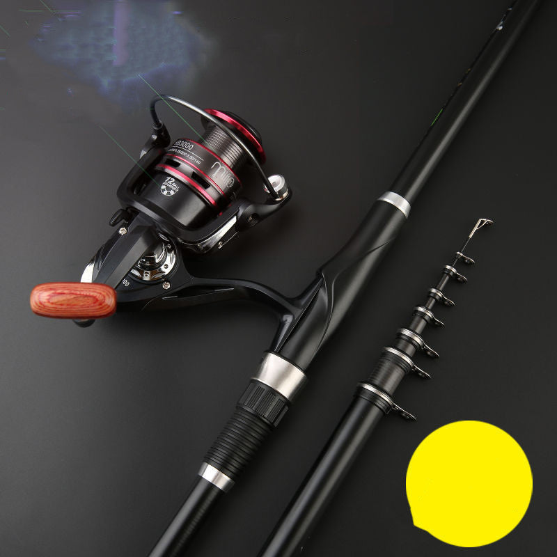Fishing rod and reel set on a black background with a yellow circle